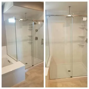 Beautiful bathroom by Sandia Marble in cultured marble white/white with custom shower door.
