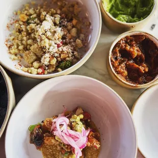 Elotes, Crispy Eggplant Taco, House Salsa, and Gauc