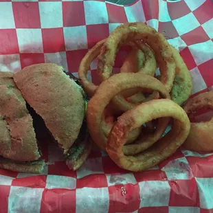Bacon cheeseburger with onion rings  Not a bad burger but not the best. Onions rings are super oily and taste previously frozen