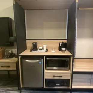 Mini fridge, safe, microwave, coffee maker