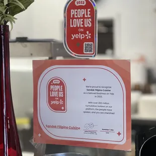 An Official 2023 People Love Us Certificate given by Yelp!