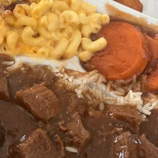 Beef Tips &amp; Rice w/ Mac &amp; Cheese &amp; Yams