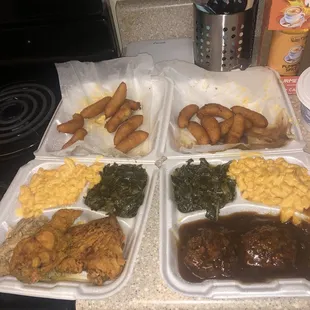 Hamburger steak, fried chicken , Mac n cheese, collards