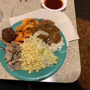 Chitterlings, Corn, Cabbage, Shrimp, Beef Tips &amp; Rice