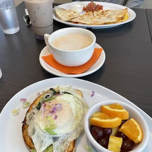 Avocado tartine (made dairy free without sour cream) and above is the house quesadilla. We also got chai lattes!