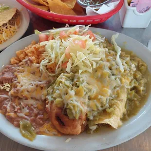 Rellano, beef enchilada, beans &amp; rice w/green. &quot;Meaty&quot; Rellano with good amount of cheese filling. 8-23-23