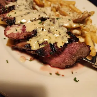 a plate of steak and fries