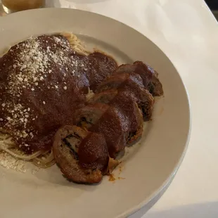 Beef Busholini served with angel hair