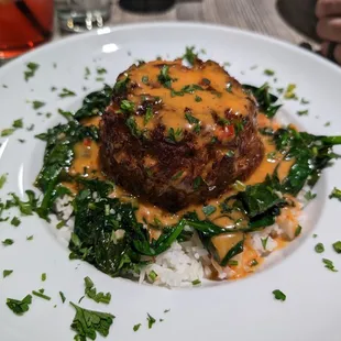 Crab cake over jasmine rice