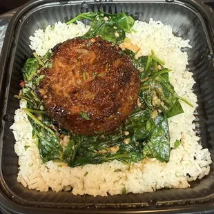 Crab Cake with rice and spinach