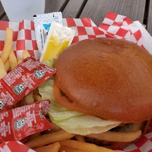 a hamburger and french fries