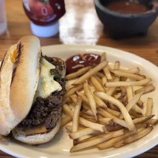 a hamburger and french fries