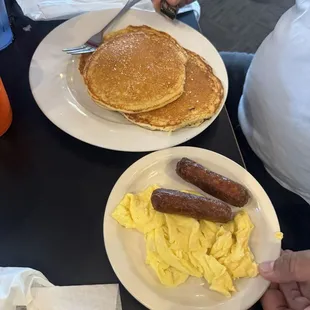 Eggs, sausage links, and pancakes