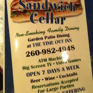 the menu for the sandwich cellar