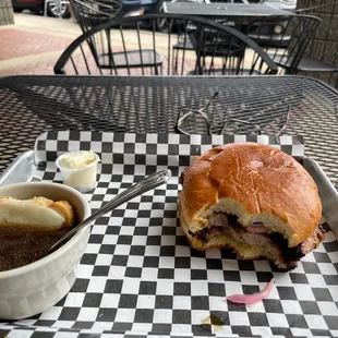 Outstanding pulled pork Sandwich with French onion soup. Soup was very smooth.