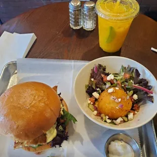 Sandwich and fruit juice plus some salads. really yummy