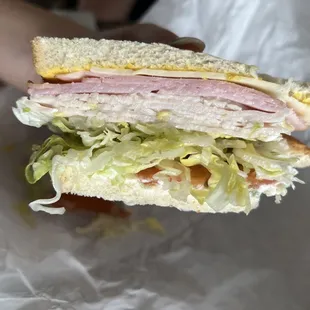 a person's hand holding a sandwich