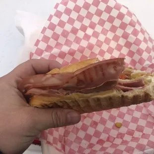 a hand holding a sandwich