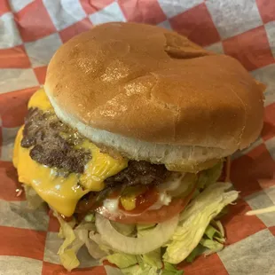 A delicious double cheeseburger.