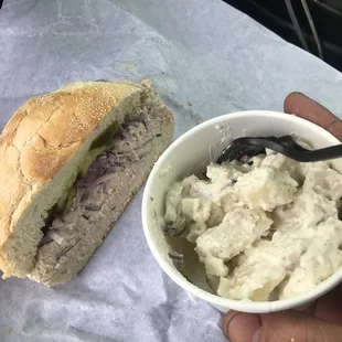 Tuna Salad with lettuce, onions and pickles with a side of Red Bliss Potato Salad!