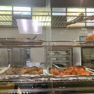 Various fried foods in the warming cabinet