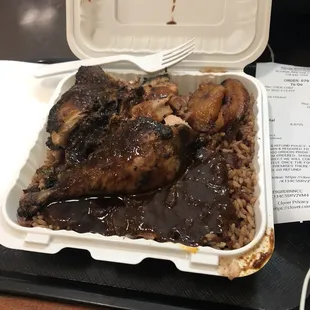 Jerk chicken, rice &amp; peas with oxtail gravy