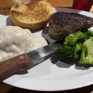 Steak with mashed potatoes and sausage gravy for the win!