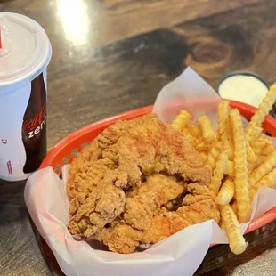 Check out our new item!! Chicken Strip Basket with Crispy crinkle cut fries and your choice of dip!