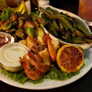 Grilled Shrimp, Crispy Brussel Sprouts, Green Beans