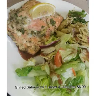 Grilled Salmon w/ 2 sides &amp; Iced Tea $6.99