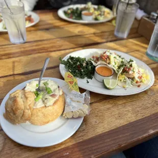 Clam chowder bread bowl, Swordfish Tacos