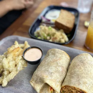Chorizo breakfast burrito and Au Gratin Potato Fries