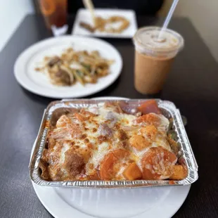 Baked pork chop on rice, Hong Kong milk tea
