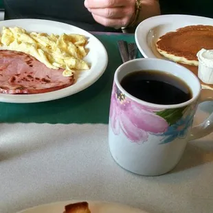 Ham, eggs, and pancakes