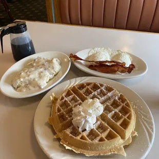 Waffles biscuits gravy bacon and eggs were all as expected  but the service was great so thanks