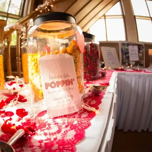 Popcorn Bar featuring Kenosha's  BEST popcorn from Sandy's Poppers! Wedding reception at Kemper Center, Simmons Auditorium, May 2016! Delish