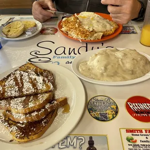 French toast, biscuits and gravy, country fried steak platter, orange juice