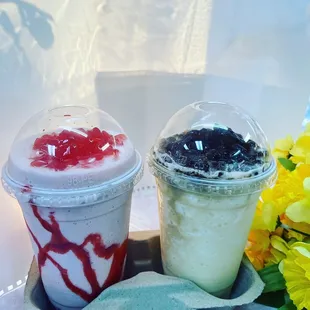 Strawberry and Horchata smoothie and Durian smoothie from Sandy sweet shop in Modesto !