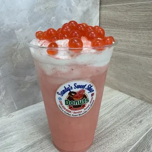 Watermelon smoothie with strawberry boba