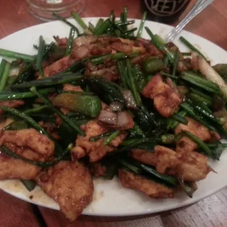 Sauteed Chicken with Chive Blossom and XO Mined Pork Sauce