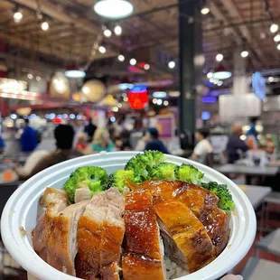 Duck with rice and broccoli