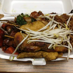 Chicken Sate with Drunken Noodles and Fried Rice