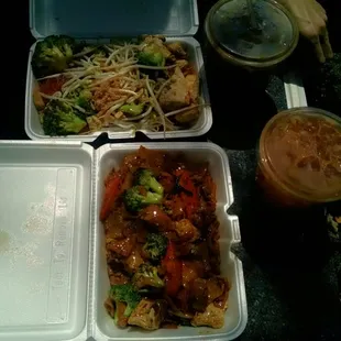 Tofu pad thai and tofu drunken noodles, plus giant Thai iced coffee and Thai iced tea.