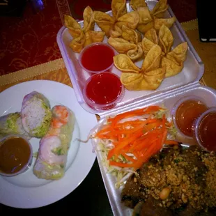 Crab Rangoon, spring rolls, and beef with vermicelli noodles