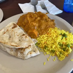 Rice, Chicken Tikka Masala, naan