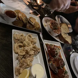 Bruschetta Calamari Fritti, Fried Ravioli, Meatballs