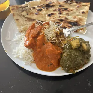 Butter Chicken, Goat Curry, Saag Paneer, Basmati Rice and Butter Naan