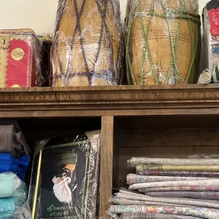 a shelf full of items