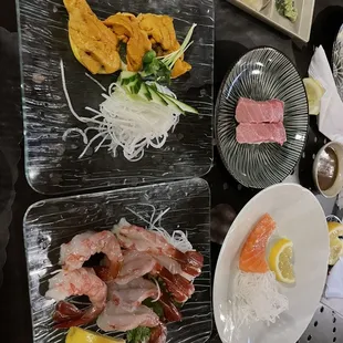 Uni, toro, sweet shrimp, salmon
