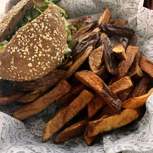 Vegan chicken burger and fries